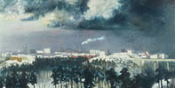 Peter Dahl visar m�leri p� Bror Hjorths Hus